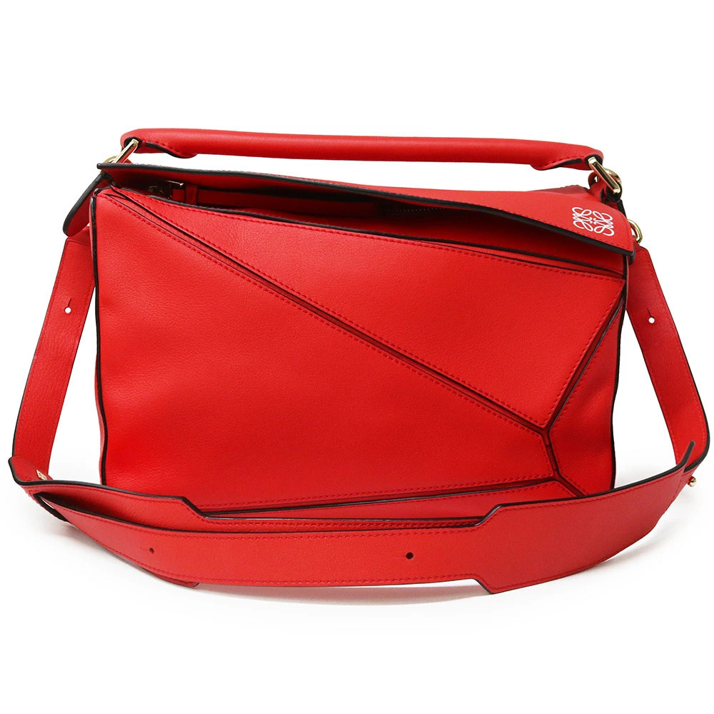 LOEWE Puzzle Bag Calf Red Shoulder Handbag Body Bum Crossbody Belt Crossbody